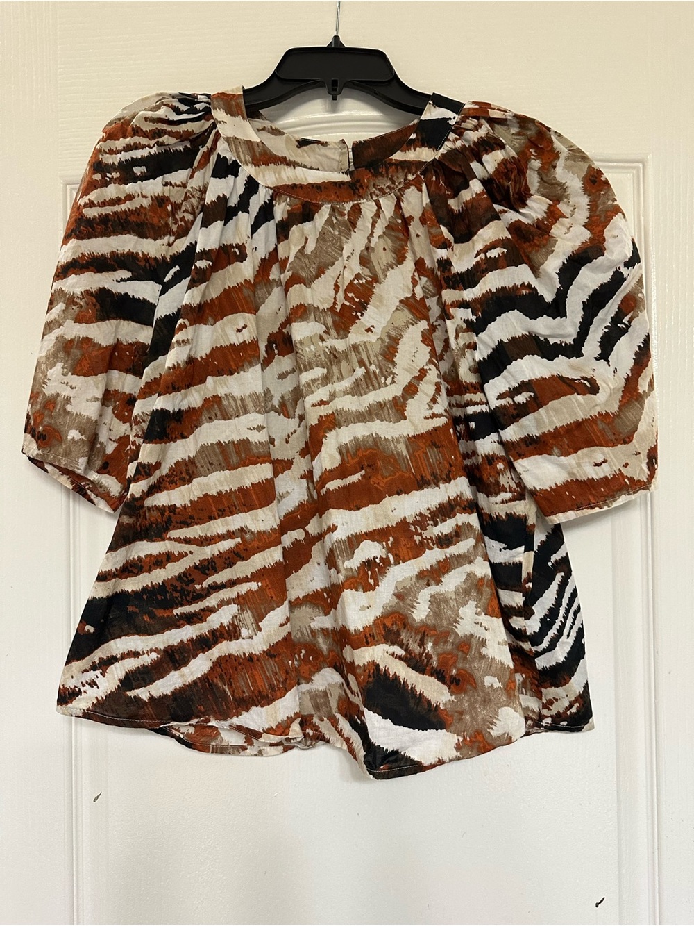 Calvin Klein Puff Sleeve Blouse Brown Abstract Animal Print Cotton M